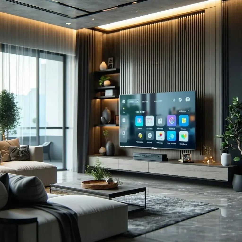 living room with smart tv and home automation